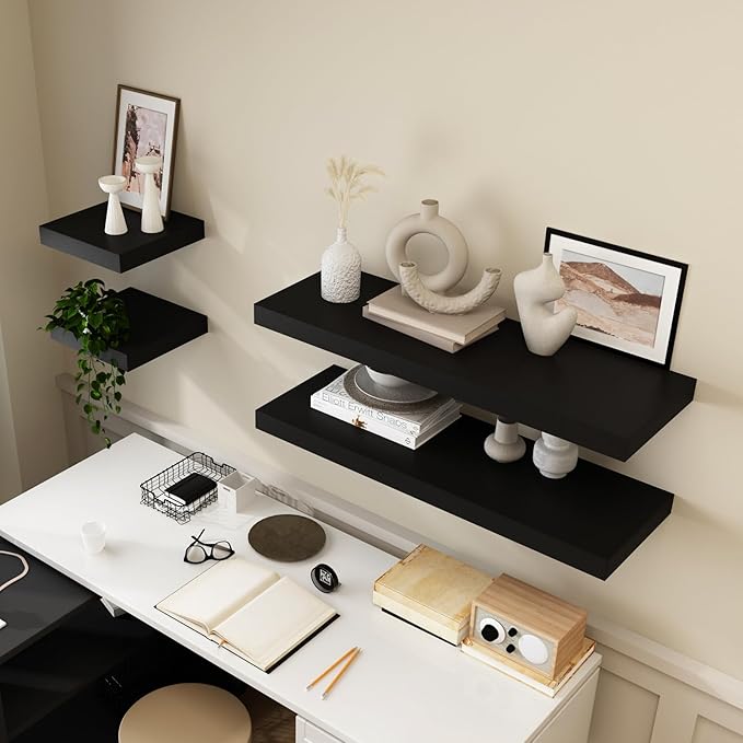 WELLAND 36 inch Black Mission Floating Shelves for Wall, Bathroom Wall Mount Shelves, Wood Modern Display Shelves, Book Shelves,for Bedroom,Living Room and Kitchen