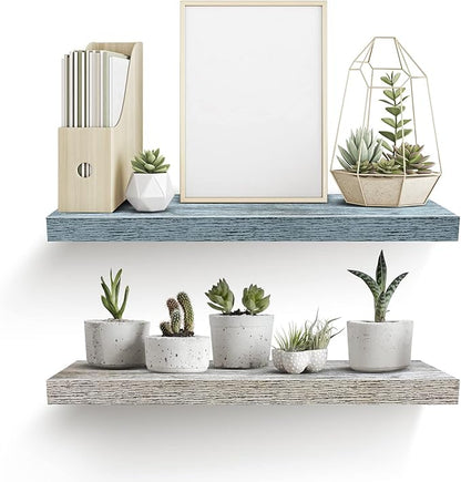 Sorbus Floating Shelf — Hanging Wall Shelves Decoration — Perfect Trophy Display, Photo Frames — Extra Long 24 Inch (Rectangle Shelf Set - Blue White)