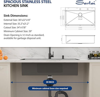 Sarlai 36 Inch Drop In Kitchen Sink - 36x22 Black Drop Kitchen Sink Ledge Workstation 16 Gauge Stainless Steel Gunmetal Black Sinks Topmount Single Bowl Over Counter Sinks Basin Round Corners