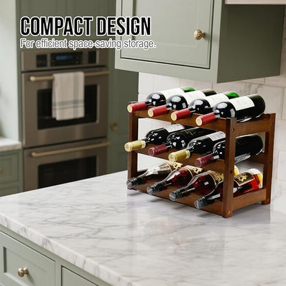 Bamboo Wine Rack, 3-Tier 12 Bottles Wine Storage Cabinet Shelf, Easy-Assembly Freestanding Bamboo Wine Racks Countertop for Kitchen Pantry Dining Room Bar, Walnut