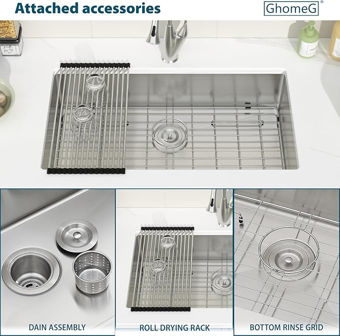 33 Inch Undermount Kitchen Sink 33"x18"x8" Single Bowl 16 Gauge Stainless Steel Under Counter Kitchen Sinks Basin with Drain Strainer