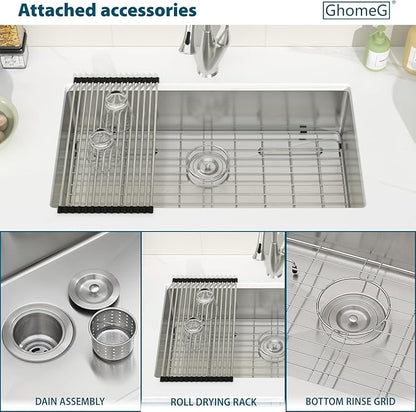 33 Inch Undermount Kitchen Sink 33"x18"x8" Single Bowl 16 Gauge Stainless Steel Under Counter Kitchen Sinks Basin with Drain Strainer