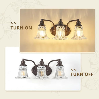 3-Light Bathroom Light Fixtures Over Mirror, Vintage Vanity Lights with Clear Floral Glass Shades, Oil Rubbed Bronze