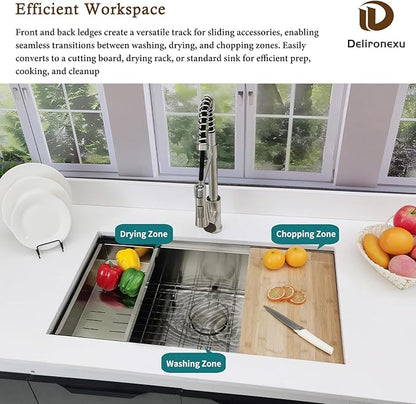 32x19 Undermount Kitchen Sink, Delironexu 32 Inch Kitchen Sink Workstation, 16 Gauge 304 Stainless Steel Undermount Kitchen Sink Single Bowl with Accessories