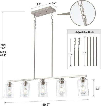 Mecgirn Island Light for Kitchen, Brushed Nickel Dining Room Light Fixture Over Table, 5-Light Linear Chandelier Pendant Lighting for Dining Table Kitchen Island Living Room