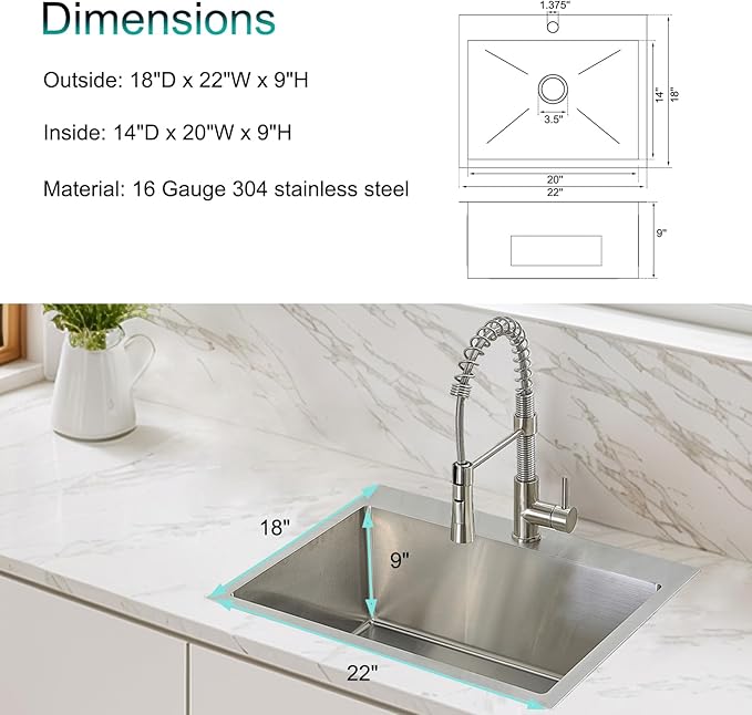 IKEBANA Kitchen Sink 22 x 18 inch, 304 Stainless Steel Brushed Nickel Small Kitchen Bar Sink, Topmount Drop in RV Single Bowl Sink with Strainer