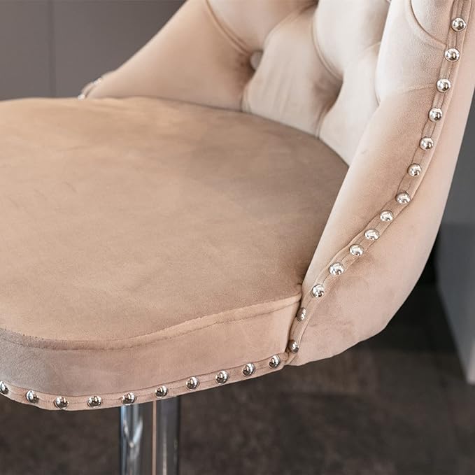 Rhomtree Velvet Swivel Bar Stools Upholstered Bar Stool with Button Tufted Back and Pull Ring Height Adjustable Barstools 25-33 Inch for Home Pub and Kitchen Island (Khaki with Silver Base, Set of 6)
