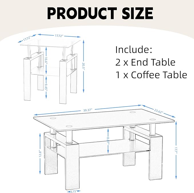 IANIYA 3 Piece Living Room Table Set, Modern Tempered Glass Coffee Table Set, Glass Coffee Table Black Metal Frame End Table for Living Room Apartment Small Space, Clear