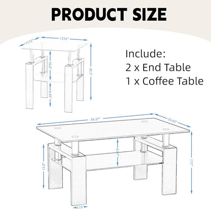 IANIYA 3 Piece Living Room Table Set, Modern Tempered Glass Coffee Table Set, Glass Coffee Table Black Metal Frame End Table for Living Room Apartment Small Space, Clear