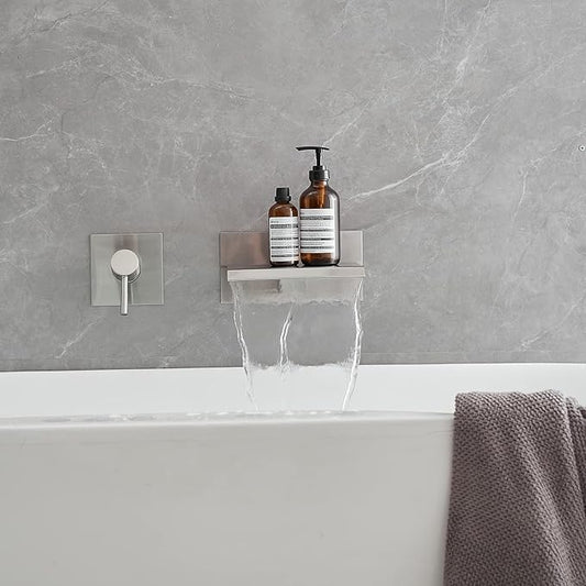 BWE Bathtub Faucet Brushed Nickel Waterfall Bathtub Faucet Wall Mounted Tub Spout Bathroom Tub Filler One Handle Shower Kit Rough-in Valve