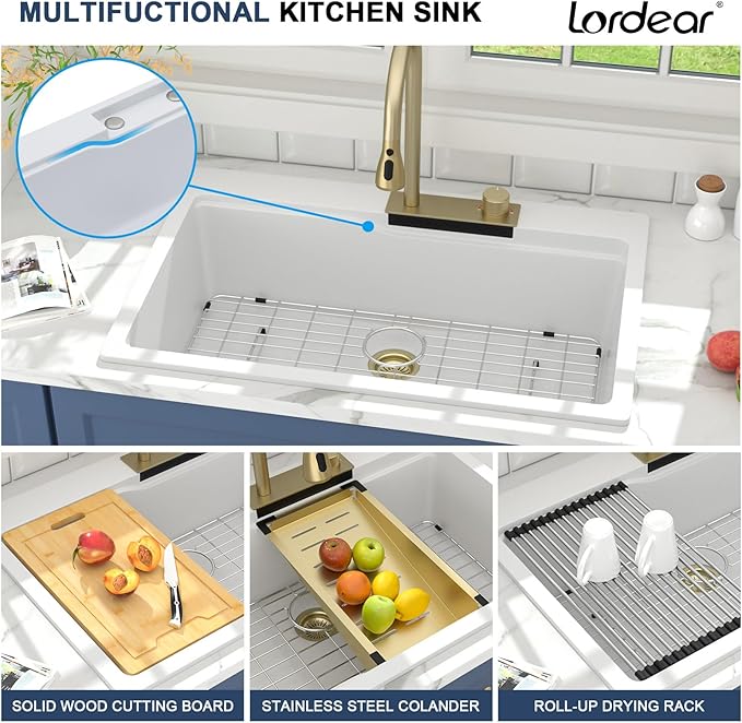 33 Waterfall Kitchen Sink Drop In - Lordear 33x22 Kitchen Sinks White Quartz Granite Composite Multifuctional Workstation Single Bowl Topmount Sink with Pull Out Faucet