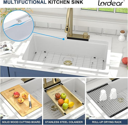 33 Waterfall Kitchen Sink Drop In - Lordear 33x22 Kitchen Sinks White Quartz Granite Composite Multifuctional Workstation Single Bowl Topmount Sink with Pull Out Faucet