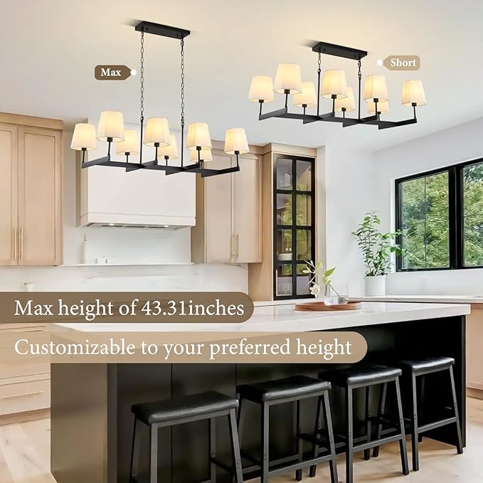 Farmhouse Chandeliers, 8-Light Black Chandeliers for Dining Room with White Fabric Shade, Adjustable Hanging Pendant Lighting for Kitchen Island Living Room