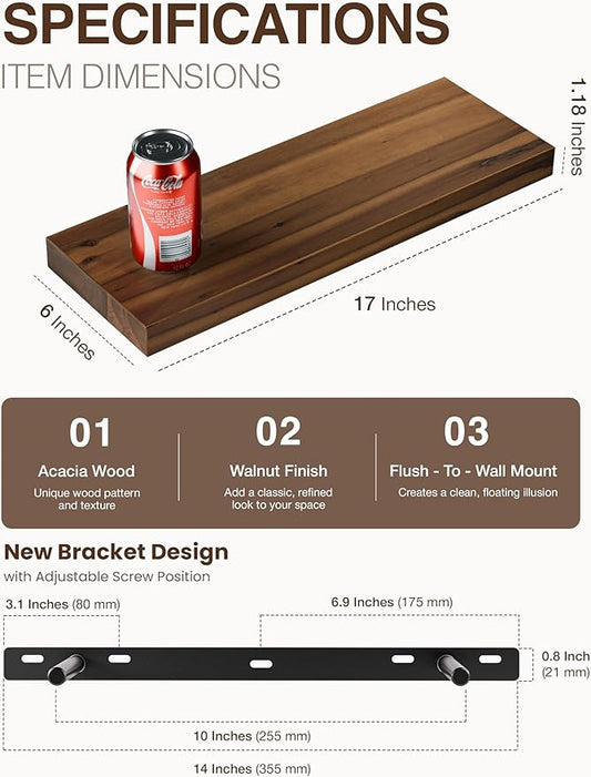 BATODA Set of 2 17" Acacia Wood Floating Shelves Wall Mounted – Rustic Farmhouse Wooden Wall Storage Shelf Bedroom, Kitchen, Home Décor - Brackets and Shelving Mounting for DIY (Walnut Color)