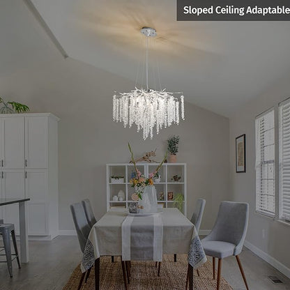 Tree Branch Chandelier Silver D23.7 Modern Round Raindrop Crystal Chandelier Ceiling Pendant Light Fixtures for Dining Room, Kitchen Island, Bedroom, Living Room