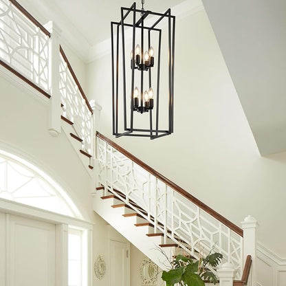 8-Light Tiered Lantern Pendant Light Fixtures,Large Foyer Chandeliers for High Ceilings,Industrial Foyer Lighting Fixtures,Long Chandeliers for High Ceilings,Farmhouse Chandelier for Entryway, Black