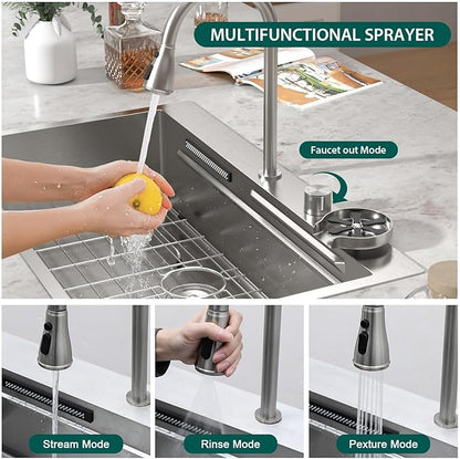 36 Inch Drop-In Single Bowl Kitchen Sink with Faucet, 16 Gauge 304 Stainless Steel Workstation Sink with Waterfall Outlet, Brushed Finish for Decoration or Renovation #TL-FDOE00015