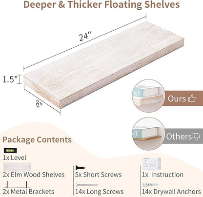 Axeman Floating Shelves - 24''W x 8''D Rustic Solid Elm Wood Wall Shelves for Storage, Wall Mounted Display Shelving with Invisible Heavy-Duty Metal Bracket (White Wash, 2PCs)