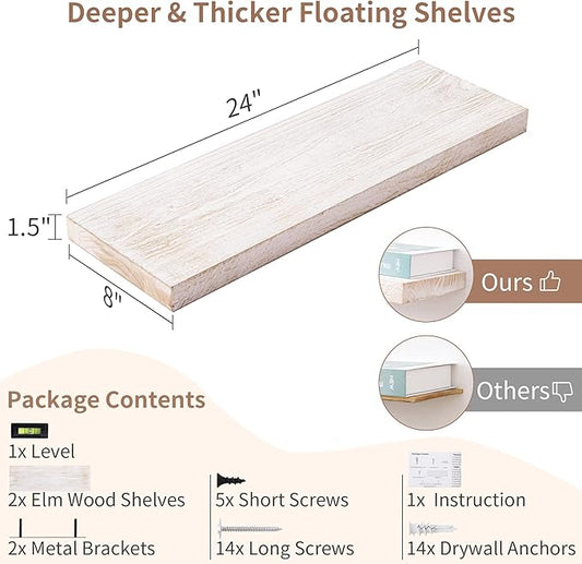 Axeman Floating Shelves - 24''W x 8''D Rustic Solid Elm Wood Wall Shelves for Storage, Wall Mounted Display Shelving with Invisible Heavy-Duty Metal Bracket (White Wash, 2PCs)