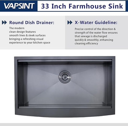 VAPSINT 33 Inch Black Farmhouse Kitchen Sink, 33x20x9 Inches Stainless Steel Undermount 16 Gauge Deep Single Bowl Apron Front Workstation Ledge Farm Sink with Accessories