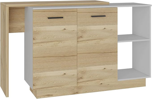 GOWE Kitchen Island, Double Door Cabinets, Two External Shelves, Three Shelves, White/Light Oak
