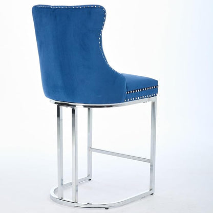 25" Counter Height Bar Stools Set of 2, Modern Velvet with Button Back Rivet Trim Upholstered Kitchen Island Chairs with Sturdy Chromed Metal Base Legs Farmhouse Bar Stools, (Blue,2 Pack)