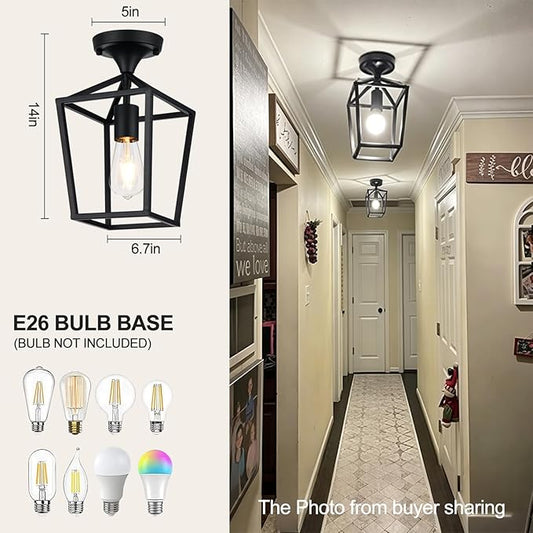 【Upgraded】Semi Flush Mount Ceiling Light, Black Industrial Ceiling Light Fixtures, Farmhouse Light Fixture for Hallway Stairway Garage Living Room Dining Room Balcony（Not waterproof, Not for Outdoor）