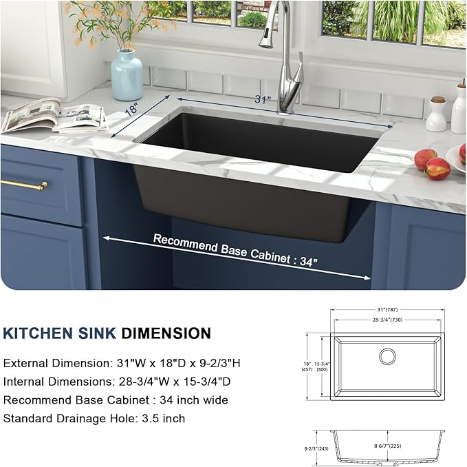 Lordear Black Kitchen Sink 33 Inch Undermount Sinks Quartz Granite Composite Black Single Bowl Under Kitchen Sinks 33x19 Inch