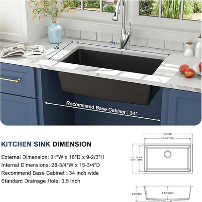 Lordear 31 Granite Composite Kitchen Sink Black 31X18 Inch Undermount Sinks Granite Composite Single Bowl Under Kitchen Sinks with Accessories