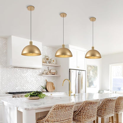 12 Inch Gold Dome Pendant Lights 2 Pack for Kitchen Island, Height Adjustable Farmhouse Industrial Hanging Light Fixtures Over Table for Dining Room, Entryway