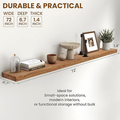 72 Inch Floating Shelves for Wall 1 Pack Shelves for Bedroom, Bathroom, Kitchen, Wall Mounted Rustic Solid Elm Wood Floating Shelf with Invisible Bracket for Books, Decor, Storage, Natural