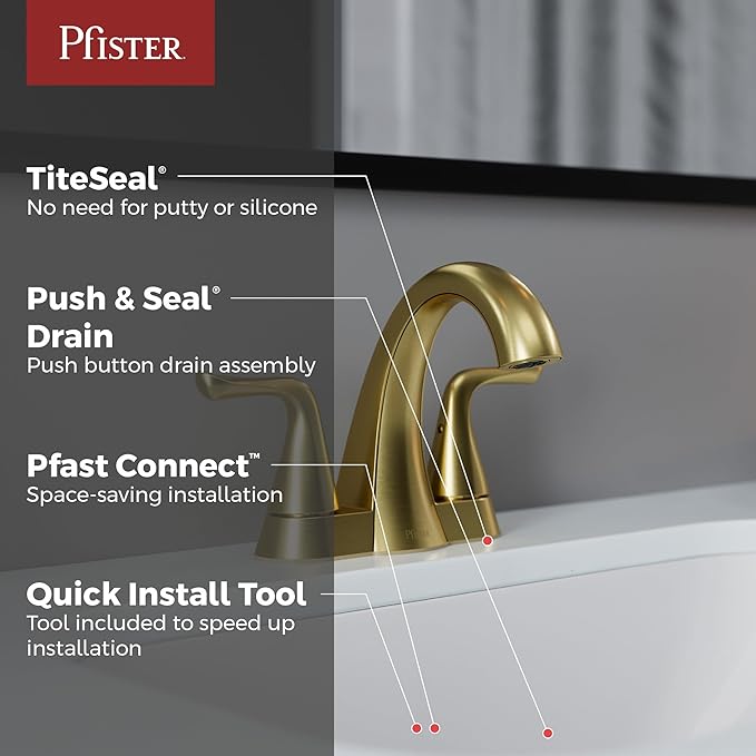 Pfister Willa Bathroom Sink Faucet 4 inch Centerset 2-Handle 3-Hole Vanity Faucet NSF Certified Brushed Gold Finish with Push & Seal Drain and TiteSeal Mounting Technology LF048MALBG