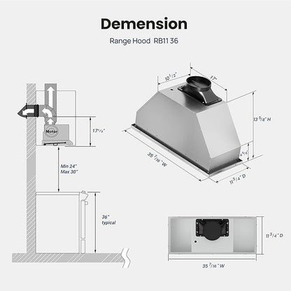 VIKIO HOME Range Hood Insert 36 inch, 900 CFM Ducted/Ductless Convertible, Stainless Steel & Tempered Glass White 36 inch Built-in Range Hood, With 3-Speed Fan and Gesture Sensing &Touch Control