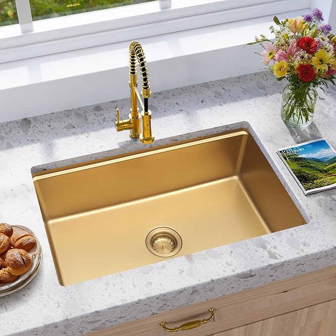 MILOSEN 30 Inch Gold Undermount Kitchen Sink, 30" x 18" Gold Stainless Steel Sinks, Single Bowl Workstation Sink with Custom Accessories, Modern Under Counter Design, 9'' Large and Deep Kitchen Sinks