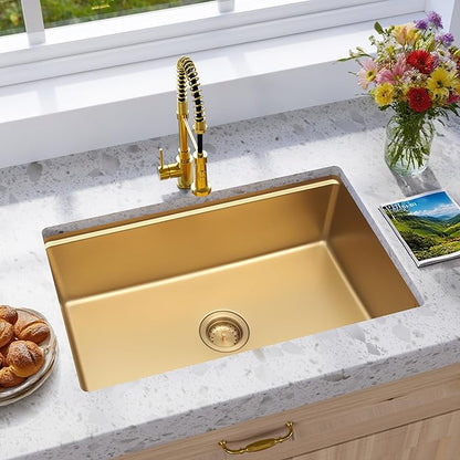 MILOSEN 30 Inch Gold Undermount Kitchen Sink, 30" x 18" Gold Stainless Steel Sinks, Single Bowl Workstation Sink with Custom Accessories, Modern Under Counter Design, 9'' Large and Deep Kitchen Sinks