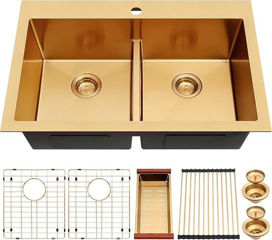 MILOSEN 33''x22'' Gold Double Bowl Kitchen Sink, 50/50 T304 Stainless Steel Drop in Gold Kitchen Sinks, Topmount Large and Deep Workstation Sink, Handmade Low-Divide Double Basin with Accessories