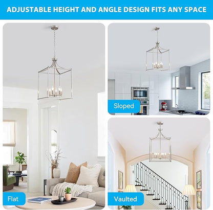 XINGQI 15.7" Brushed Nickel Chandeliers for Dining Room Modern Farmhouse Geometric 6-Light Hanging Lantern Pendant Lighting Fixture for Foyer Kitchen Island Dinning Room Living Room