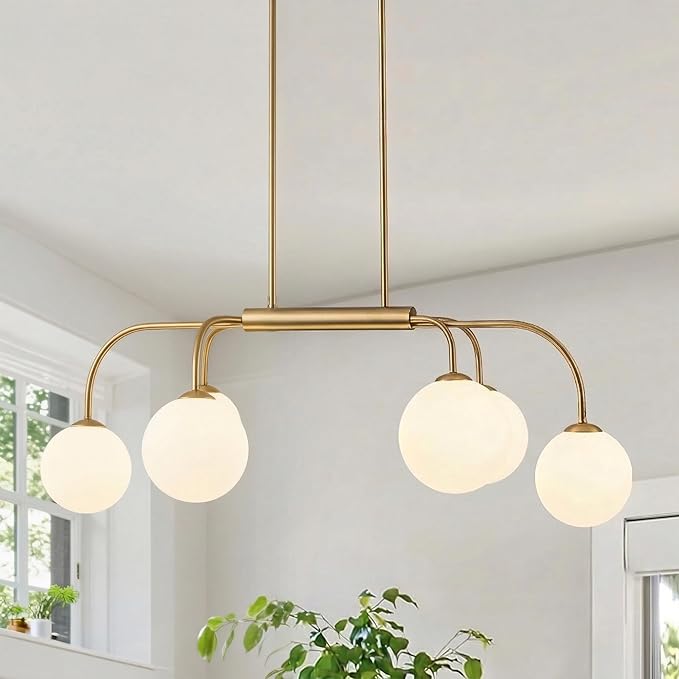 LamQee 41 Inch Mid Century Modern Linear Chandelier, 6 Lights Milk Glass Globe Chandeliers Light Fixture with Gold and White Ball, Large Pendant Lighting Ceiling Hanging for Dining Room Kitchen Island