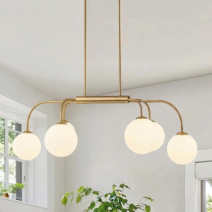 LamQee 41 Inch Mid Century Modern Linear Chandelier, 6 Lights Milk Glass Globe Chandeliers Light Fixture with Gold and White Ball, Large Pendant Lighting Ceiling Hanging for Dining Room Kitchen Island