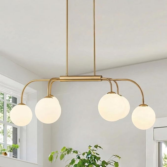 LamQee 41 Inch Mid Century Modern Linear Chandelier, 6 Lights Milk Glass Globe Chandeliers Light Fixture with Gold and White Ball, Large Pendant Lighting Ceiling Hanging for Dining Room Kitchen Island