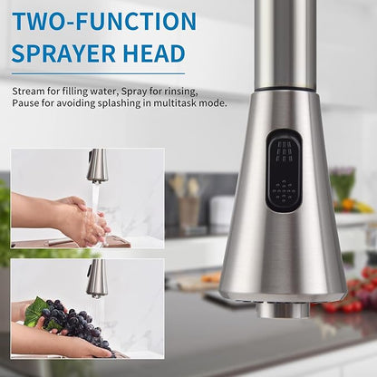 HOMELODY 2 Handles Kitchen Faucet with Pull Down Sprayer for 3 Hole Sink, 8 inch 360° Rotating Spout Centerset Kitchen Sink Faucet with Water Lines Brushed Nickel