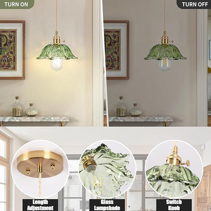 Glass Pendant Light Vintage Light Fixtures,Green Modern Chandelier Pendant,E26 Pendant Lights Kitchen Island,10.6 inch Hanging Lamp for Bedroom Hotel Dining Room 1 Light