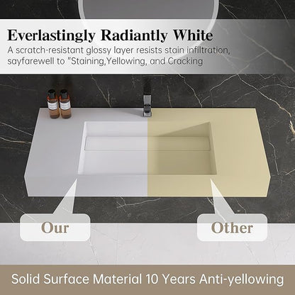 42" x 18" Wall Mount Sink, Stone Resin Rectangular Bathroom Sink, Modern Floating Vessel Sinks for Vanity, Art Basin Trough, Durable and Stylish Bathroom Sinks for Modern Homes, White