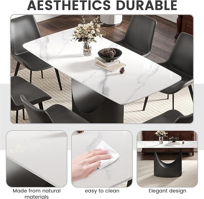 63 Inch Sintered Stone Dining Table for 4-6, Modern Rectangle Kitchen Table with Heat Resistant Top, Scratch Proof Metal Base, Multifunctional Meeting Desk for Home Office