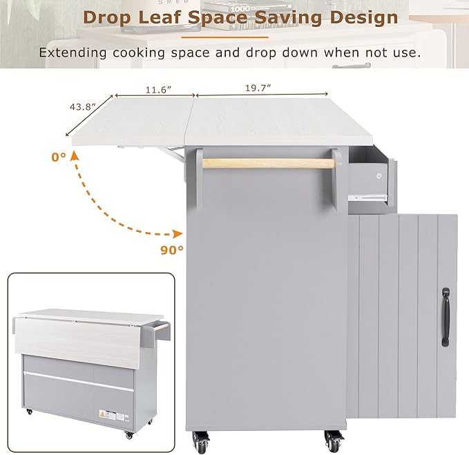 RUNNA Kitchen Island with Trash Can Storage Cabinet, Kitchen Cart with Drop Leaf, Spice Rack, Towel Rack and Drawer, Rolling Kitchen Island on Wheels with Adjustable Shelf (Grey~81)