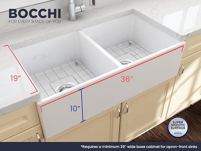 BOCCHI Contempo Farmhouse Apron Front Fireclay 36 in. Double Bowl Kitchen Sink with Protective Bottom Grid and Strainer in White