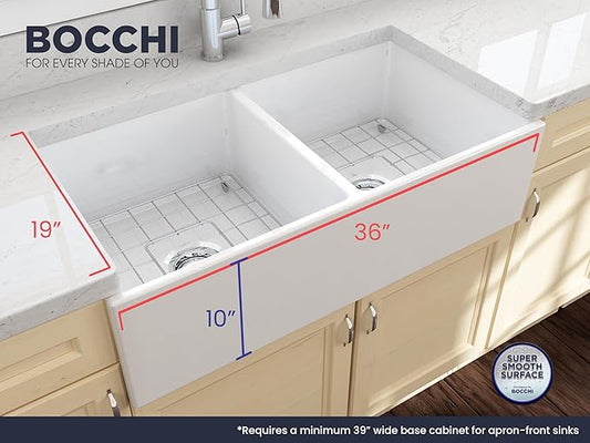 BOCCHI Contempo Farmhouse Apron Front Fireclay 36 in. Double Bowl Kitchen Sink with Protective Bottom Grid and Strainer in White