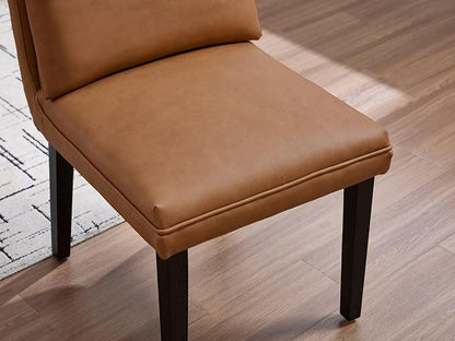 Farmhouse Parsons Dining Chairs Set of 6 - Comfy Upholstered Dining Set with Leather Cushion & Solid Wood Legs, Armless Kitchen Chairs for Dining Room/Restaurant/Kitchen Island, PU Brown