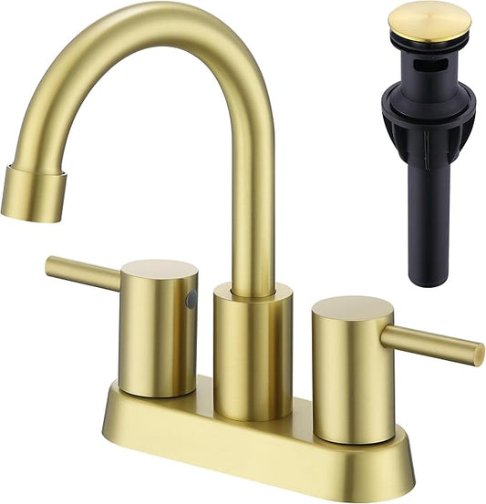Brushed Gold Bathroom Faucet 2 or 3 Hole, 2 Handle 4 Inch Centerset Stainless Steel Bathroom Sink Faucet with Pop up Drain and Supply Lines, Gold Faucet for Restroom, Vanity, Rv, AML-21501-BG