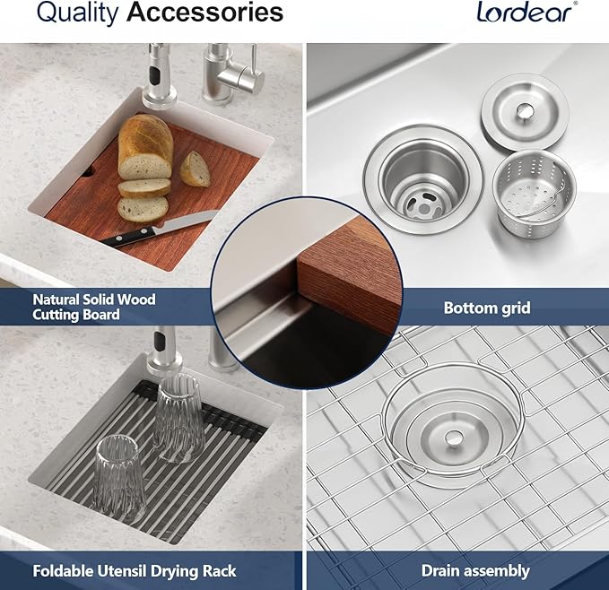 Lordear 12 Inch Undermount Bar Sink Workstation 16 Gauge T304 12 x 15 Stainless Steel Bar Kitchen Prep Single Bowl Small Kitchen Sink with Cutting Board